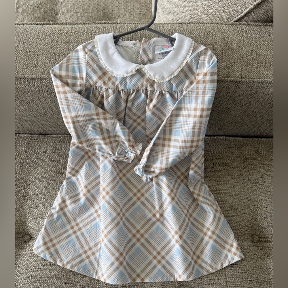 Girls Plaid Nightgown with White Peter Pan Collar - Blue & Brown